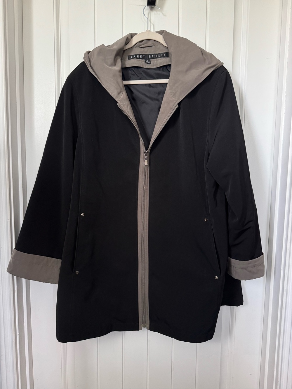 Fleet Street Women's Black Hooded Utility Jacket with Taupe Trim
